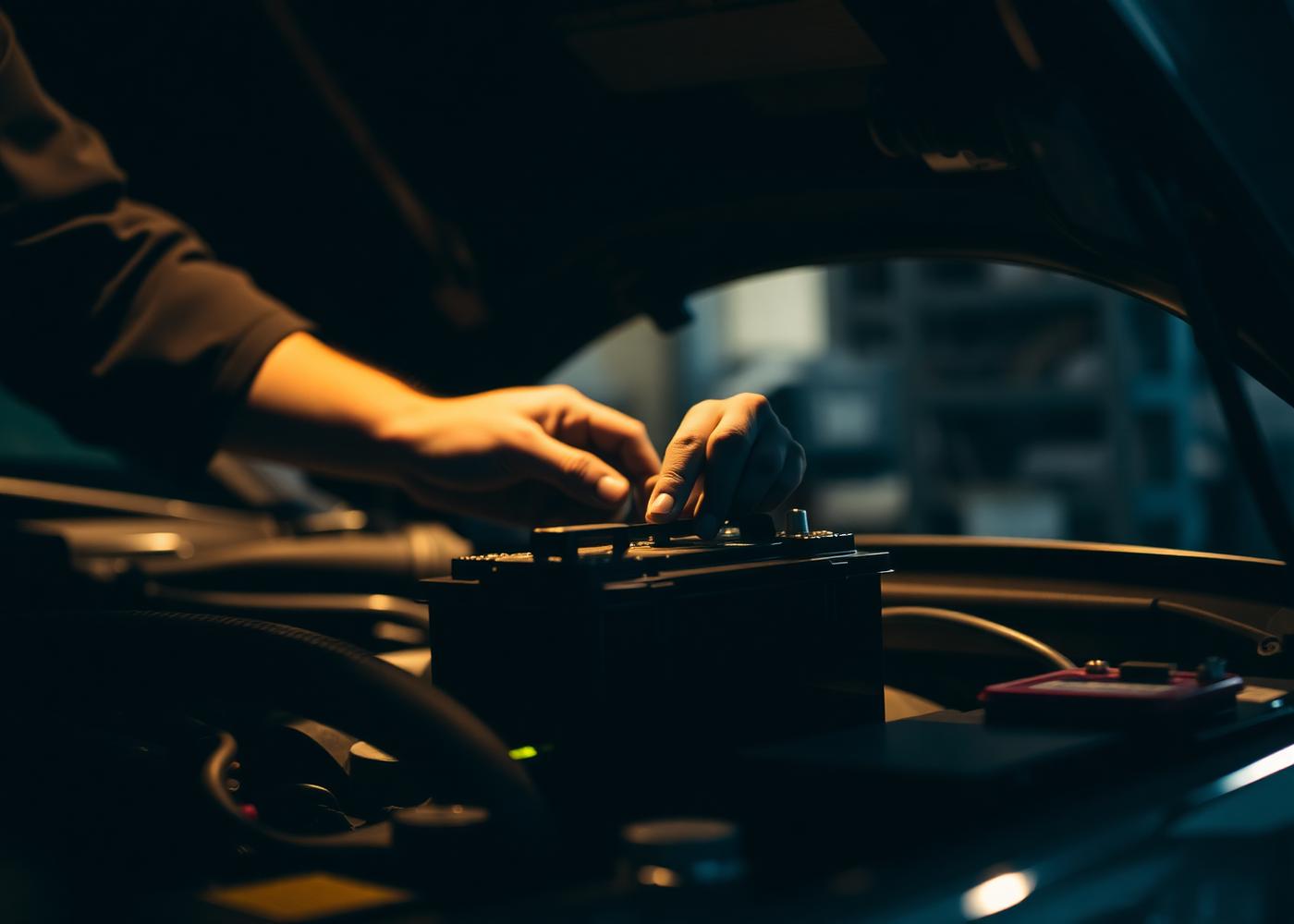 Mechanic installing a battery